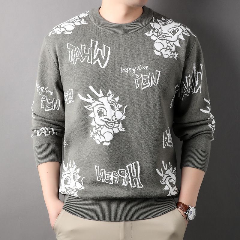 Chinese-Style Dragon Jacquard Pullover Red Anti-Shrink and Anti-Wrinkle Knitted Winter Sweater with O-Neck Pattern  Sweaters