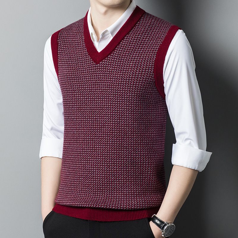 Newly Released Men's 100% Wool Winter Sweater Vest ODM Supply Knitted Weave V-Neck Collar  Waistcoat