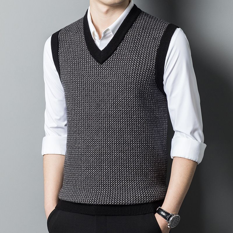 Newly Released Men's 100% Wool Winter Sweater Vest ODM Supply Knitted Weave V-Neck Collar  Waistcoat