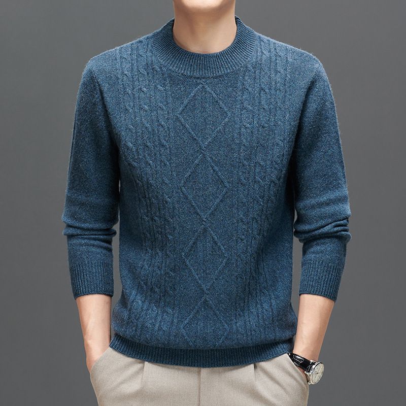 Men's autumn winter solid color jacquard semi high neck fashionable knitted base thick warm sweaters