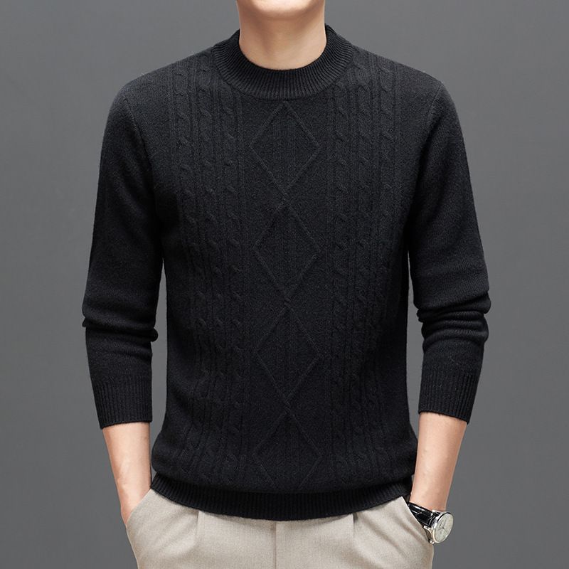 Men's autumn winter solid color jacquard semi high neck fashionable knitted base thick warm sweaters