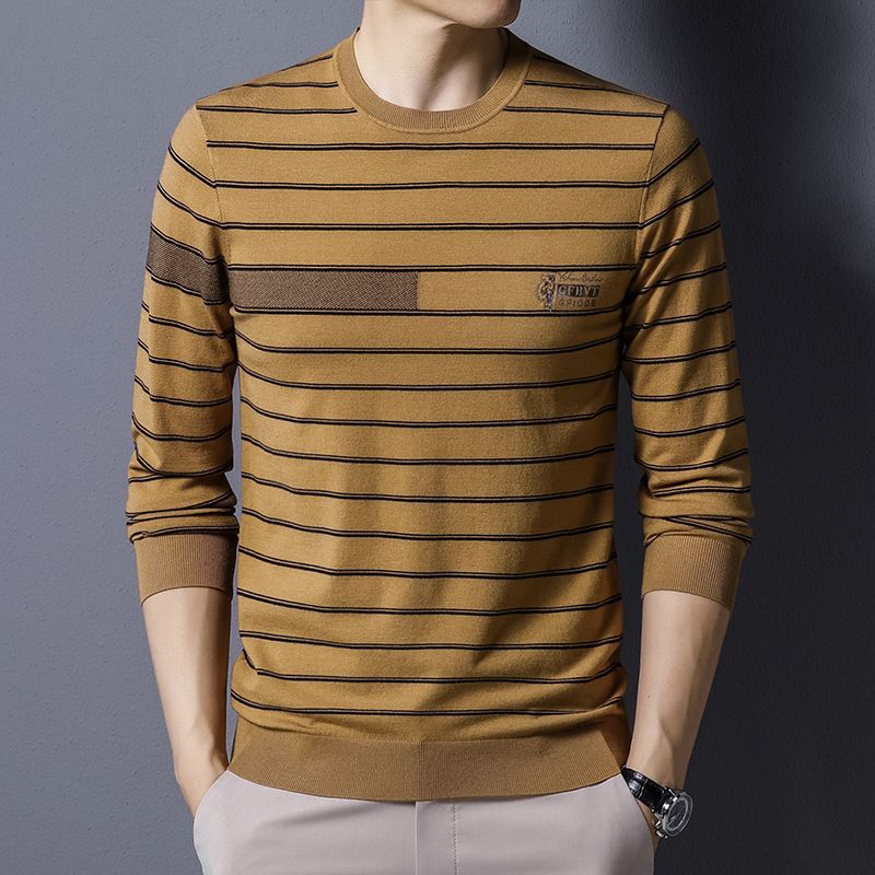 Men's Striped Casual Slim Fit Neck Knitted Sweater Fashionable Warm Autumn Winter Breathable Anti-Wrinkle Made High Knitwear T-Shirts