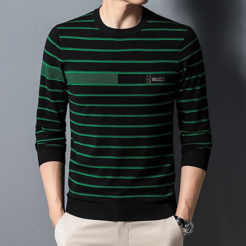 Men's Striped Casual Slim Fit Neck Knitted Sweater Fashionable Warm Autumn Winter Breathable Anti-Wrinkle Made High Knitwear T-Shirts