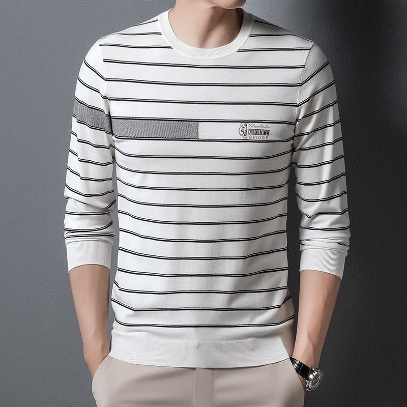 Men's Striped Casual Slim Fit Neck Knitted Sweater Fashionable Warm Autumn Winter Breathable Anti-Wrinkle Made High Knitwear T-Shirts
