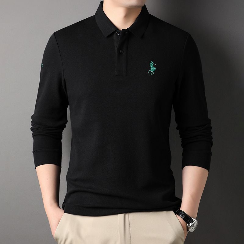 42% Cotton 58% Polyester Fiber Streetwear Lapel Long Sleeved Custom Embroidery T-Shirt Solid Color Men's Polo Shirts T-Shirts