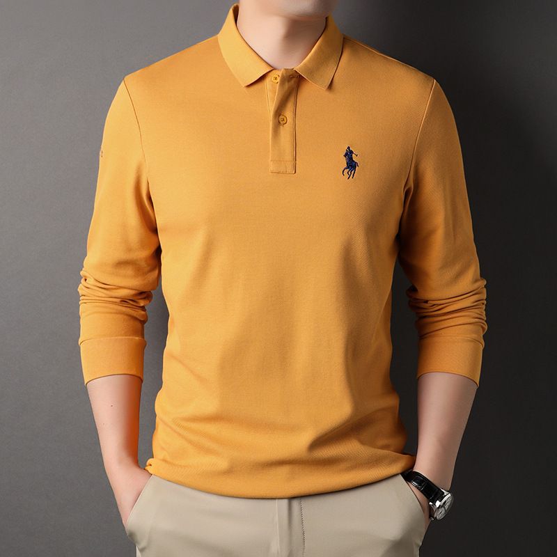 42% Cotton 58% Polyester Fiber Streetwear Lapel Long Sleeved Custom Embroidery T-Shirt Solid Color Men's Polo Shirts T-Shirts