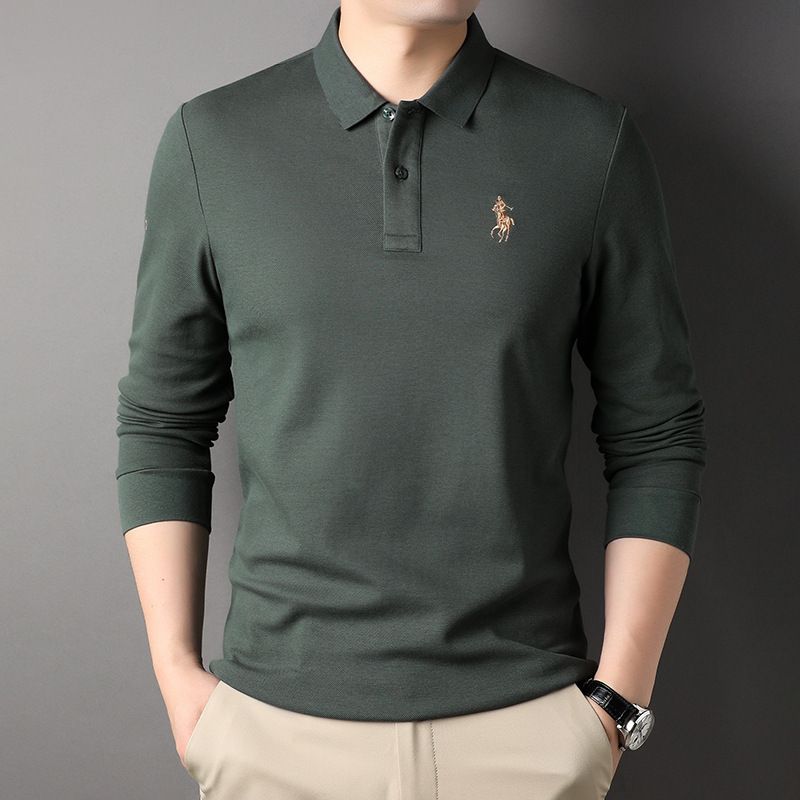 42% Cotton 58% Polyester Fiber Streetwear Lapel Long Sleeved Custom Embroidery T-Shirt Solid Color Men's Polo Shirts T-Shirts