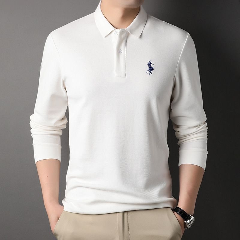 42% Cotton 58% Polyester Fiber Streetwear Lapel Long Sleeved Custom Embroidery T-Shirt Solid Color Men's Polo Shirts T-Shirts