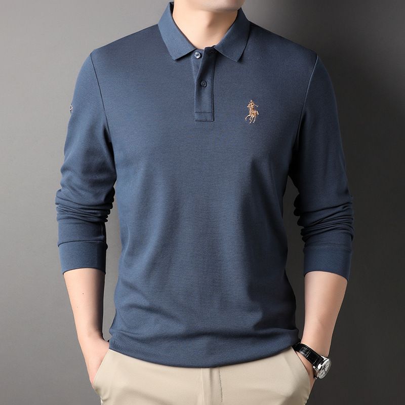 42% Cotton 58% Polyester Fiber Streetwear Lapel Long Sleeved Custom Embroidery T-Shirt Solid Color Men's Polo Shirts T-Shirts