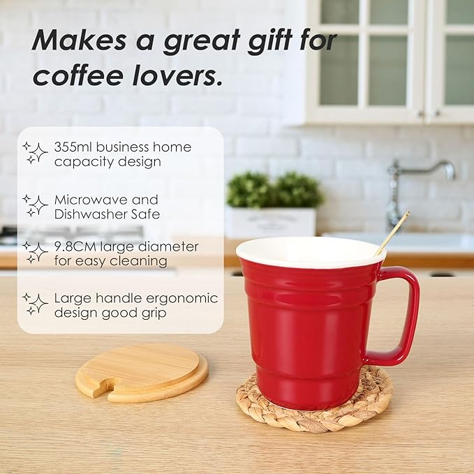Large Ceramic Mug With Lid And Spoon, Breakfast Sublimation Portable Coffee Cup, Couple's Personalized Home Water Cup,Reusable Travel Coffee Mugs With Large Handle, Microwave And Dishwasher Safe