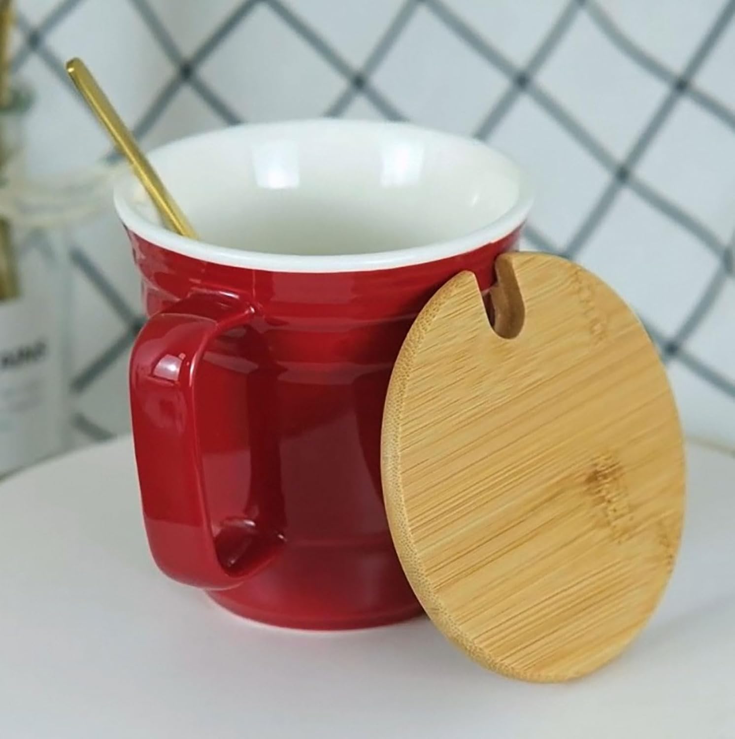 Large Ceramic Mug With Lid And Spoon, Breakfast Sublimation Portable Coffee Cup, Couple's Personalized Home Water Cup,Reusable Travel Coffee Mugs With Large Handle, Microwave And Dishwasher Safe