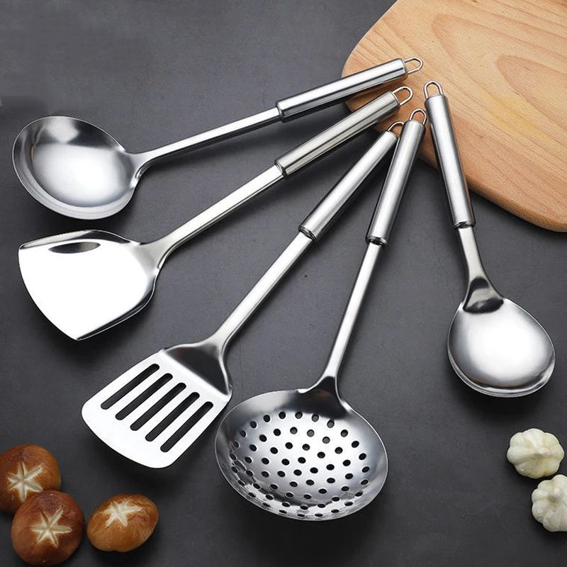 Kitchen Stainless Steel Cooking Utensils Set with Wok Spatula Ladle Spoon Slotted Spatula Colander Rice Spoon Cleaning Wipe Transparent Hook Cookware Kitchen Utensils Gadgets Cooking Kitchen Tools