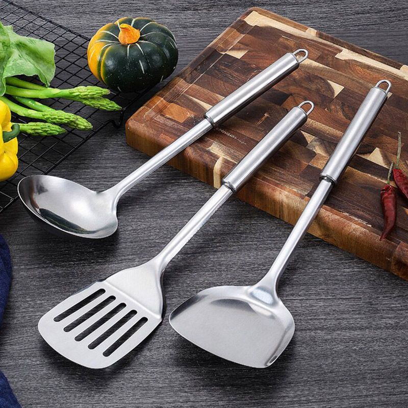 Kitchen Stainless Steel Cooking Utensils Set with Wok Spatula Ladle Spoon Slotted Spatula Colander Rice Spoon Cleaning Wipe Transparent Hook Cookware Kitchen Utensils Gadgets Cooking Kitchen Tools