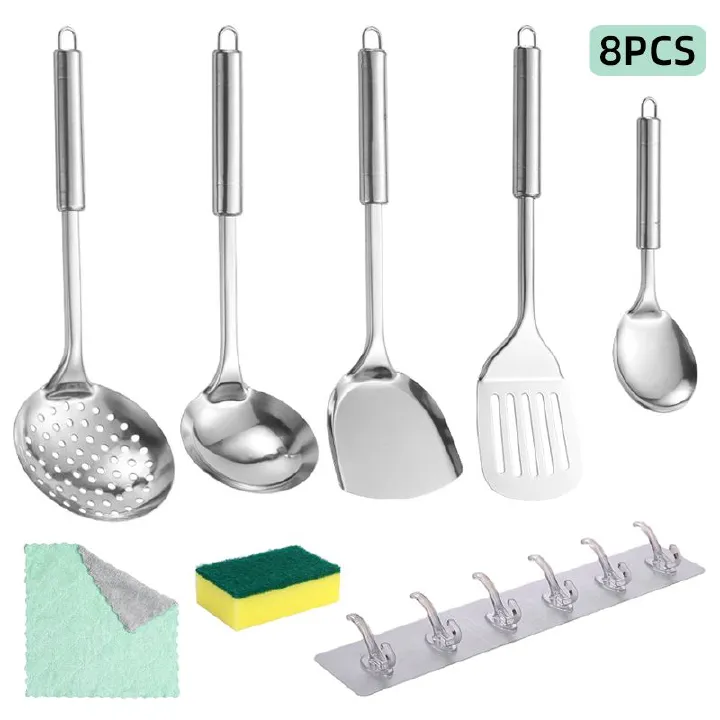 Kitchen Stainless Steel Cooking Utensils Set with Wok Spatula Ladle Spoon Slotted Spatula Colander Rice Spoon Cleaning Wipe Transparent Hook Cookware Kitchen Utensils Gadgets Cooking Kitchen Tools