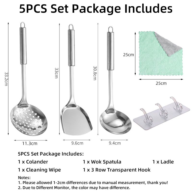 Kitchen Stainless Steel Cooking Utensils Set with Wok Spatula Ladle Spoon Slotted Spatula Colander Rice Spoon Cleaning Wipe Transparent Hook Cookware Kitchen Utensils Gadgets Cooking Kitchen Tools