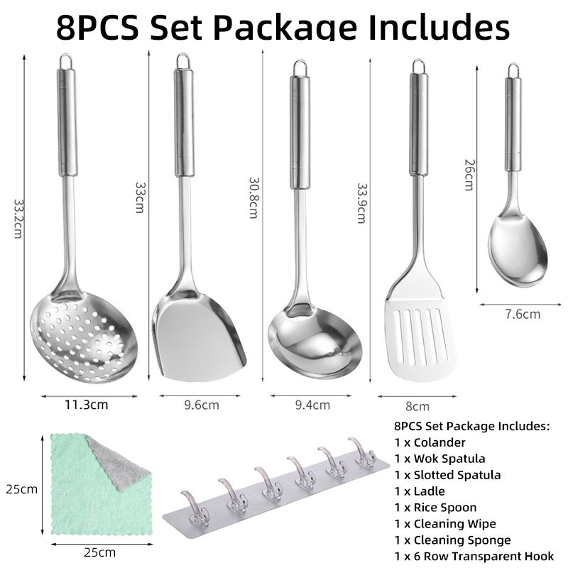 Kitchen Stainless Steel Cooking Utensils Set with Wok Spatula Ladle Spoon Slotted Spatula Colander Rice Spoon Cleaning Wipe Transparent Hook Cookware Kitchen Utensils Gadgets Cooking Kitchen Tools