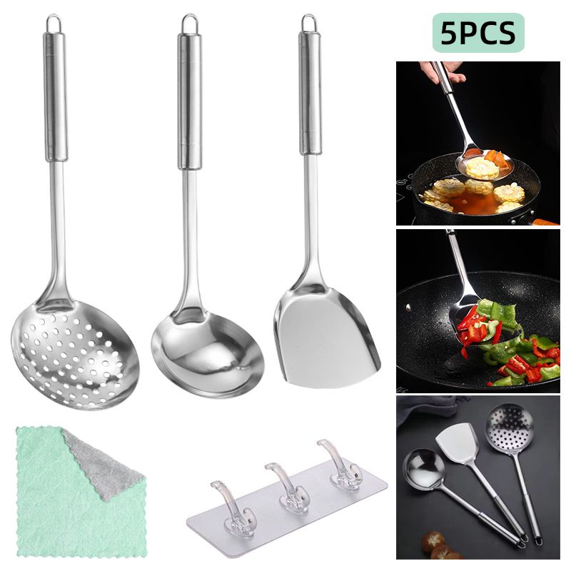 Kitchen Stainless Steel Cooking Utensils Set with Wok Spatula Ladle Spoon Slotted Spatula Colander Rice Spoon Cleaning Wipe Transparent Hook Cookware Kitchen Utensils Gadgets Cooking Kitchen Tools