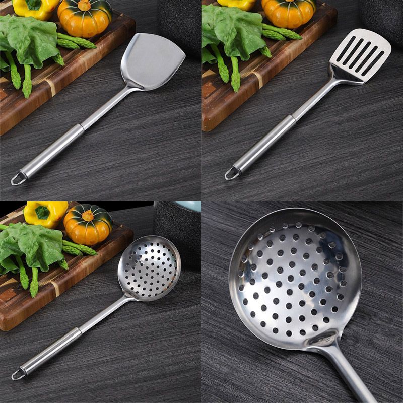 Kitchen Stainless Steel Cooking Utensils Set with Wok Spatula Ladle Spoon Slotted Spatula Colander Rice Spoon Cleaning Wipe Transparent Hook Cookware Kitchen Utensils Gadgets Cooking Kitchen Tools