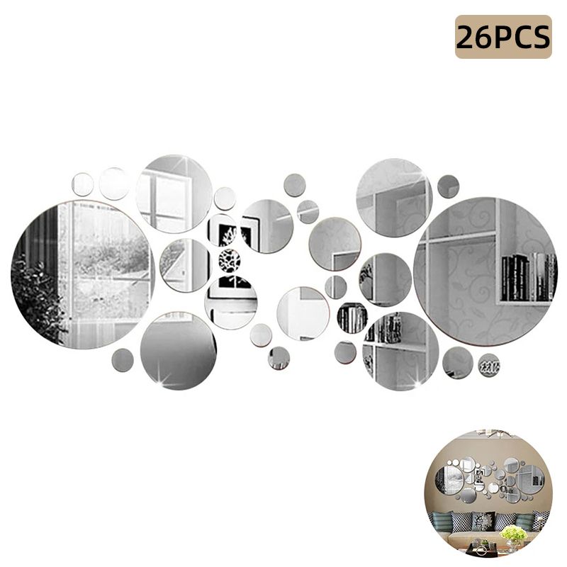26Pcs Acrylic Mirror Wall Stickers Round Mirror Decal Self-Adhesive Wall Sticker Decal DIY Removable Mural for Home Decoration