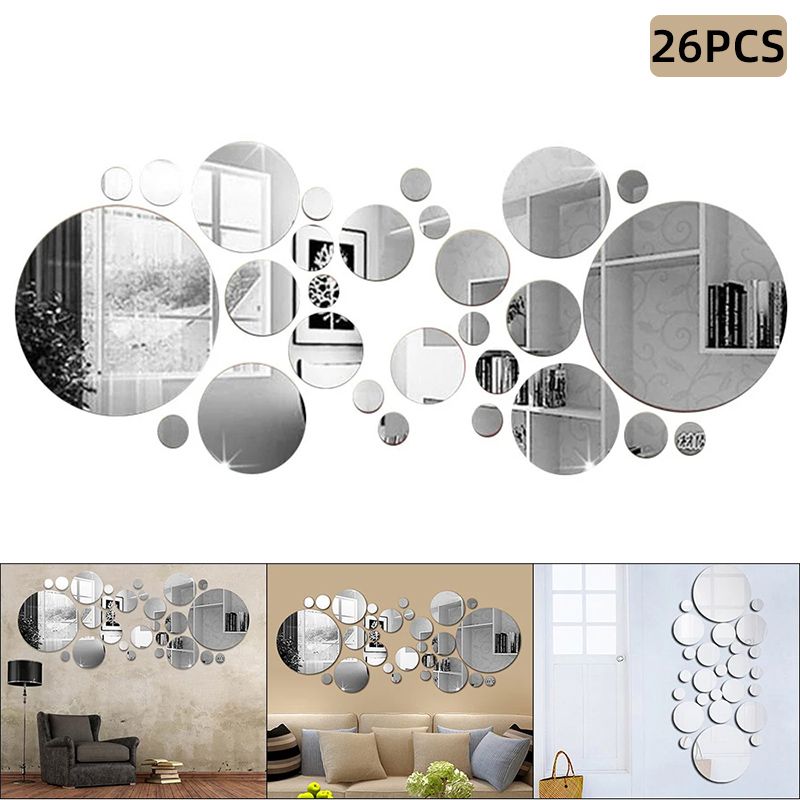 26Pcs Acrylic Mirror Wall Stickers Round Mirror Decal Self-Adhesive Wall Sticker Decal DIY Removable Mural for Home Decoration