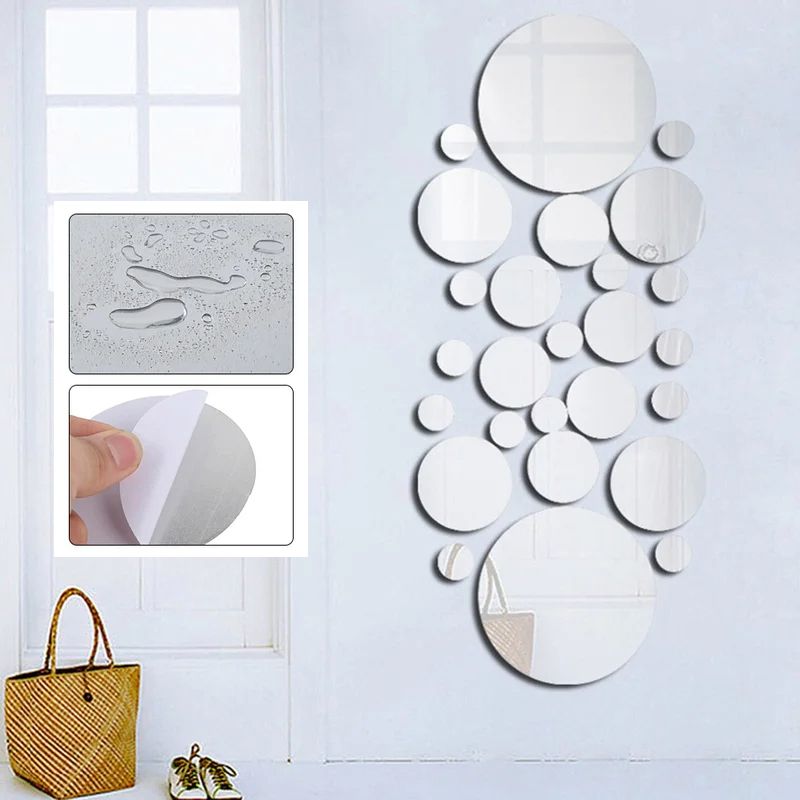26Pcs Acrylic Mirror Wall Stickers Round Mirror Decal Self-Adhesive Wall Sticker Decal DIY Removable Mural for Home Decoration