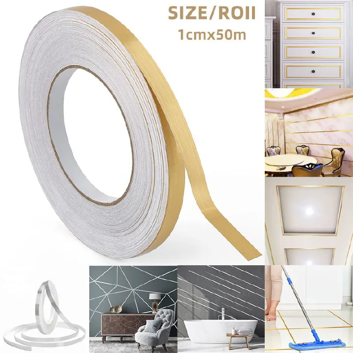 50M Decorative Adhesives Tapes Self-Adhesive Tile Stickers Tape Floor Waterproof Gold Decor Tape for Detailing Accent Wall Tile Graphic Arts Home Decor Sewing Tape for Christmas Detailing
