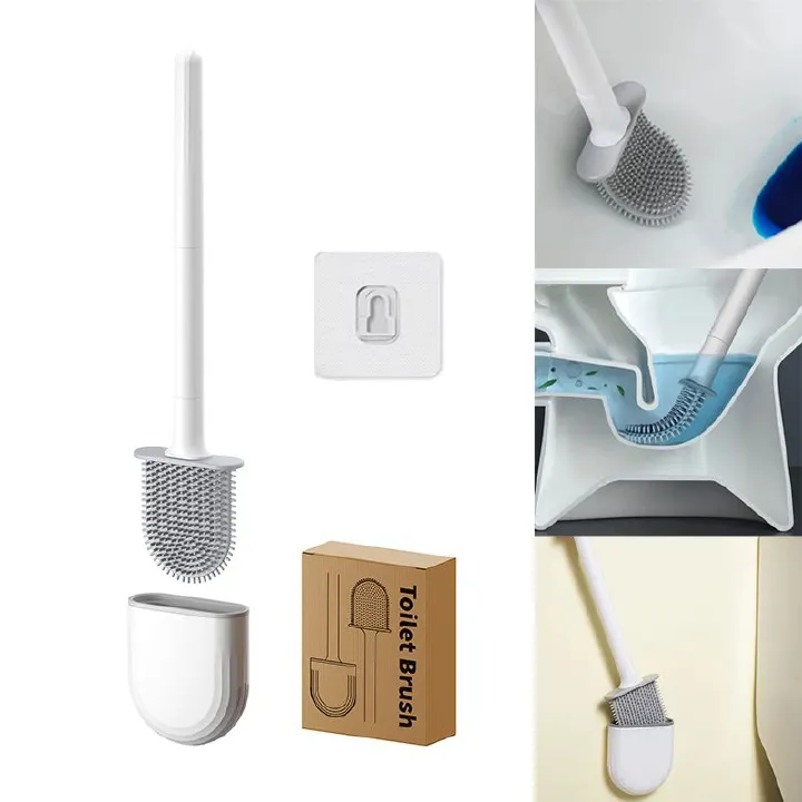 Wall Mounted Silicone Toilet Brush Cleaner with Long Handle Flexible Cleaner Bathroom Brush Quick Drying Holder Bathroom Toilet Accessories