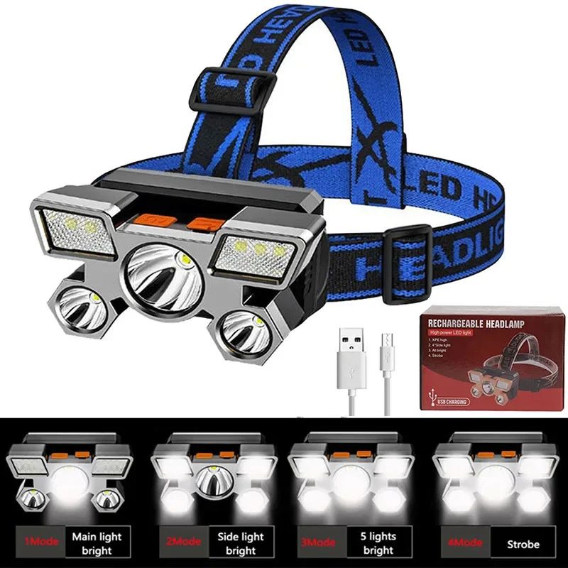 5 LED Headlamp Powerful Rechargeable Head Flashlight for Fishing Led Headlamp Camping Hiking Headlights Hunting Torch Hiking Front Lights Lanterns