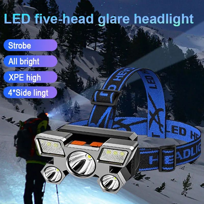 5 LED Headlamp Powerful Rechargeable Head Flashlight for Fishing Led Headlamp Camping Hiking Headlights Hunting Torch Hiking Front Lights Lanterns