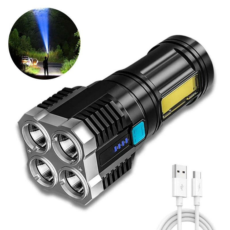 High Power LED Flashlights Camping Torches With 4 Lamp Beads And COB Side Light Rechargeable Portable Hand Lantern 4 Lighting Mode Outdoor Lighting