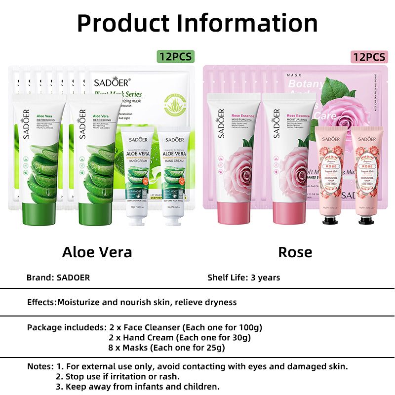 12 Pcs Skin Care Set Aloe Vera Face Cleanser Hydrating Soothing Mask Hand Cream Rose Face Care Moisturizing Anti-Aging Firming Face Care Skin Care For Beauty Gift Set