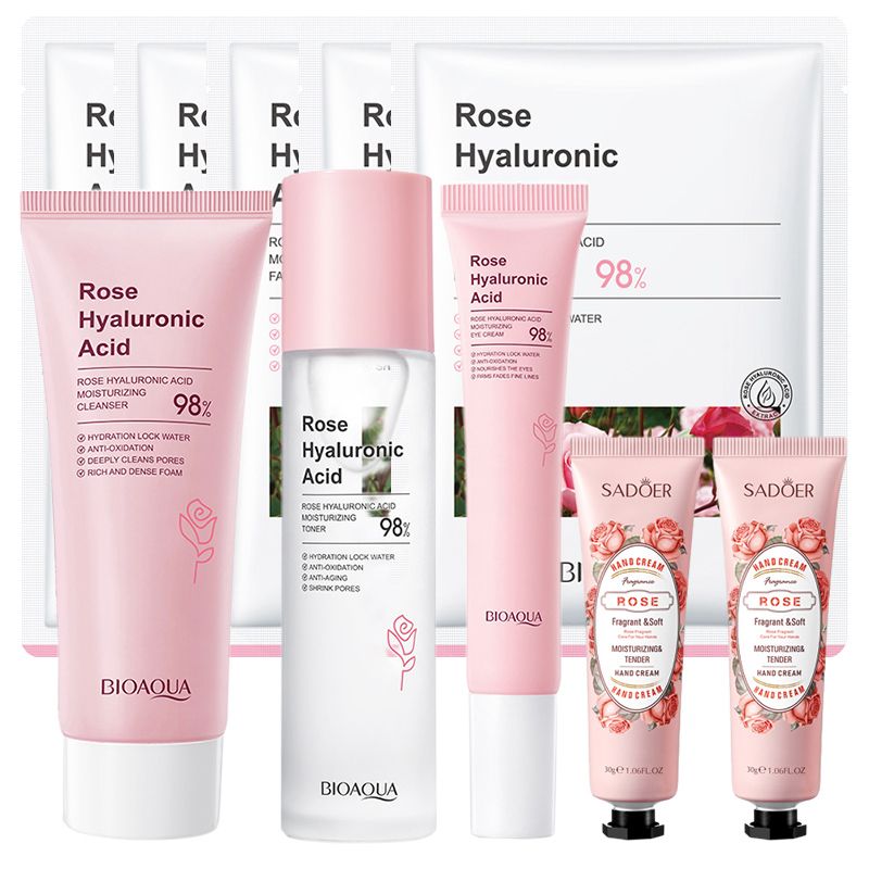 10 Pcs Rose Hyaluronic Acid Cleaning Repair Cleanser Face Toner Hydrating Soothing Tight Face Mask Moisturizing Eye Cream  Anti-Aging Firming Face Care Skin Care Set