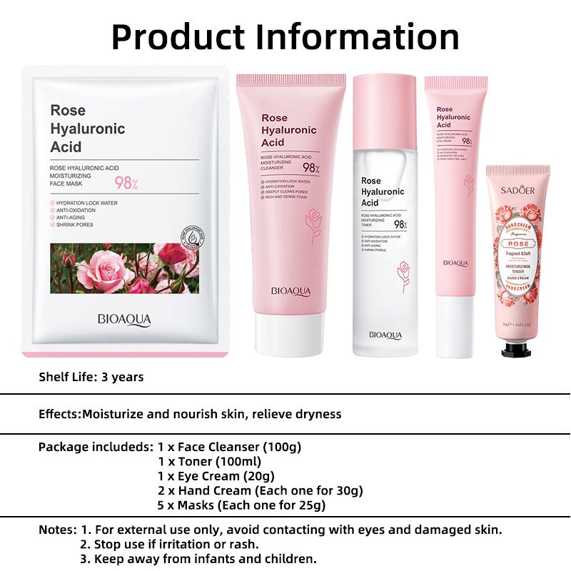 10 Pcs Rose Hyaluronic Acid Cleaning Repair Cleanser Face Toner Hydrating Soothing Tight Face Mask Moisturizing Eye Cream  Anti-Aging Firming Face Care Skin Care Set