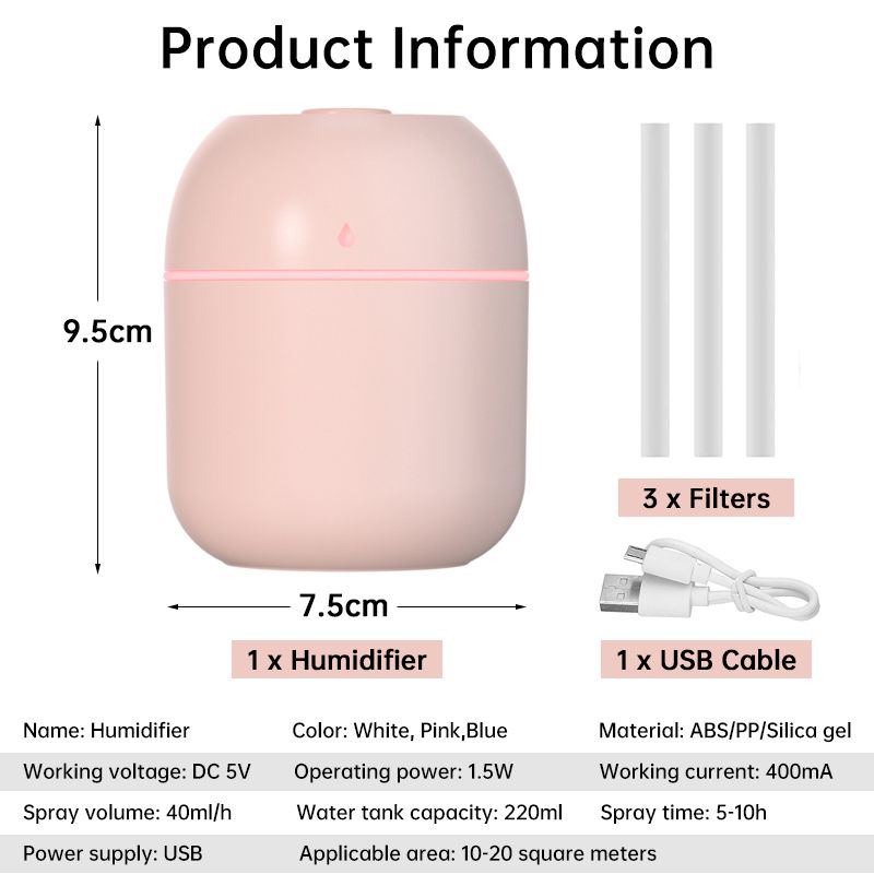 Air Humidifiers With 3Pcs Filters USB Aroma Diffuser Humidifier Sprayer Portable Home Appliance 220ml Electric Humidifier Desktop Home Fragrance Perfumes