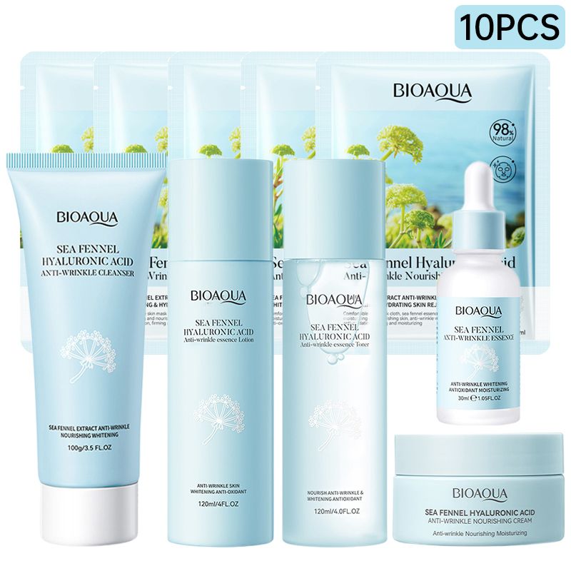 10Pcs Sea Fennel Hyaluronic acid Skin Care Set Cleanser Toner Essence Water Lotion Face Mask Cream kits Personal Care Moisturizing Anti-Aging Firming Skincare Set
