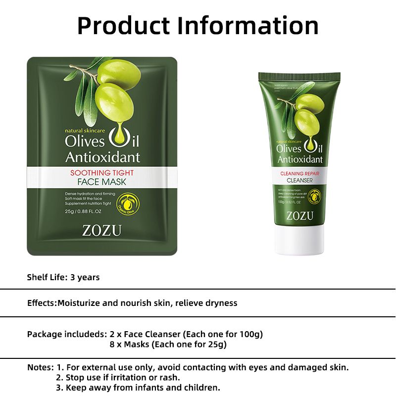 10 Pcs Olives Oil Antioxidant Cleaning Repair Cleanser Face Cleansers Hydrating Soothing Tight Face Mask Face Care Moisturizing Anti-Aging Firming Face Care Skin Care Set