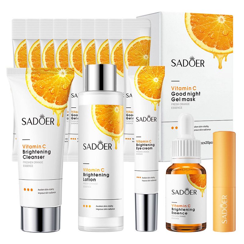 Vitamin C Skin Care Set for Dry Skin Moisturizing Mask Face Brightening Cleanser Lotion Eye Cream Facial Essence Lip Balm Masks kits Personal Care Moisturizing Skincare Gift Set