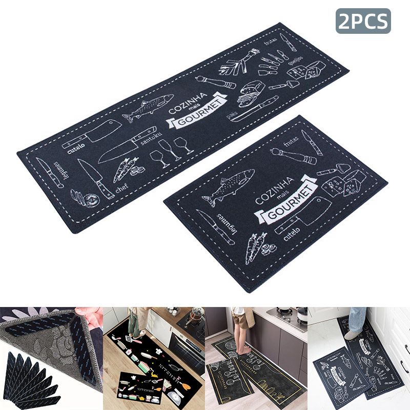 2 Pieces Kitchen Rug Set Kitchen Rug Includes Anti-Slip Pads Stickers Non Slip Mat Rubber Backing Mat Throw Rug for Kitchen Doormat Runner Rug Set Floor Carpet Household Carpet Home Decor