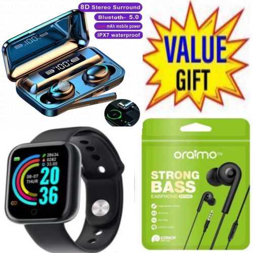 Oraimo Deeper Bass , HD Sound Earphones + Smart Watch, F9 Airpods / Earbuds