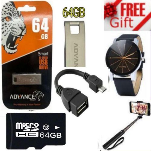 Advance 64GB Flask Disk + 64 GB Memory Card + Otg Cable + Selfie Stick + Watch