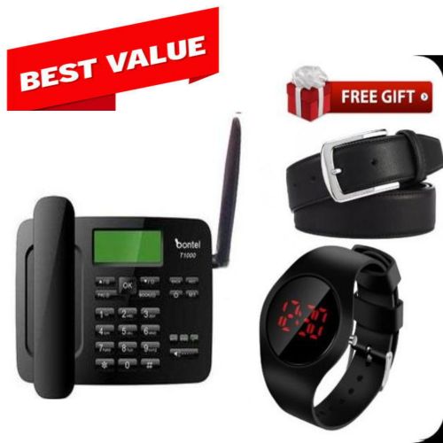 Bontel T 1000//Wireless Desktop Telephone//SMS Feature Phone (Dual Sim)BLACK mk + Watch + Belt