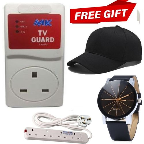 Power King Best 4 Way Power Extension with long cable + TV Guard Voltage Protector high and low current protection + Watch + Fashion Men Fabric Adjustable Belt for men.