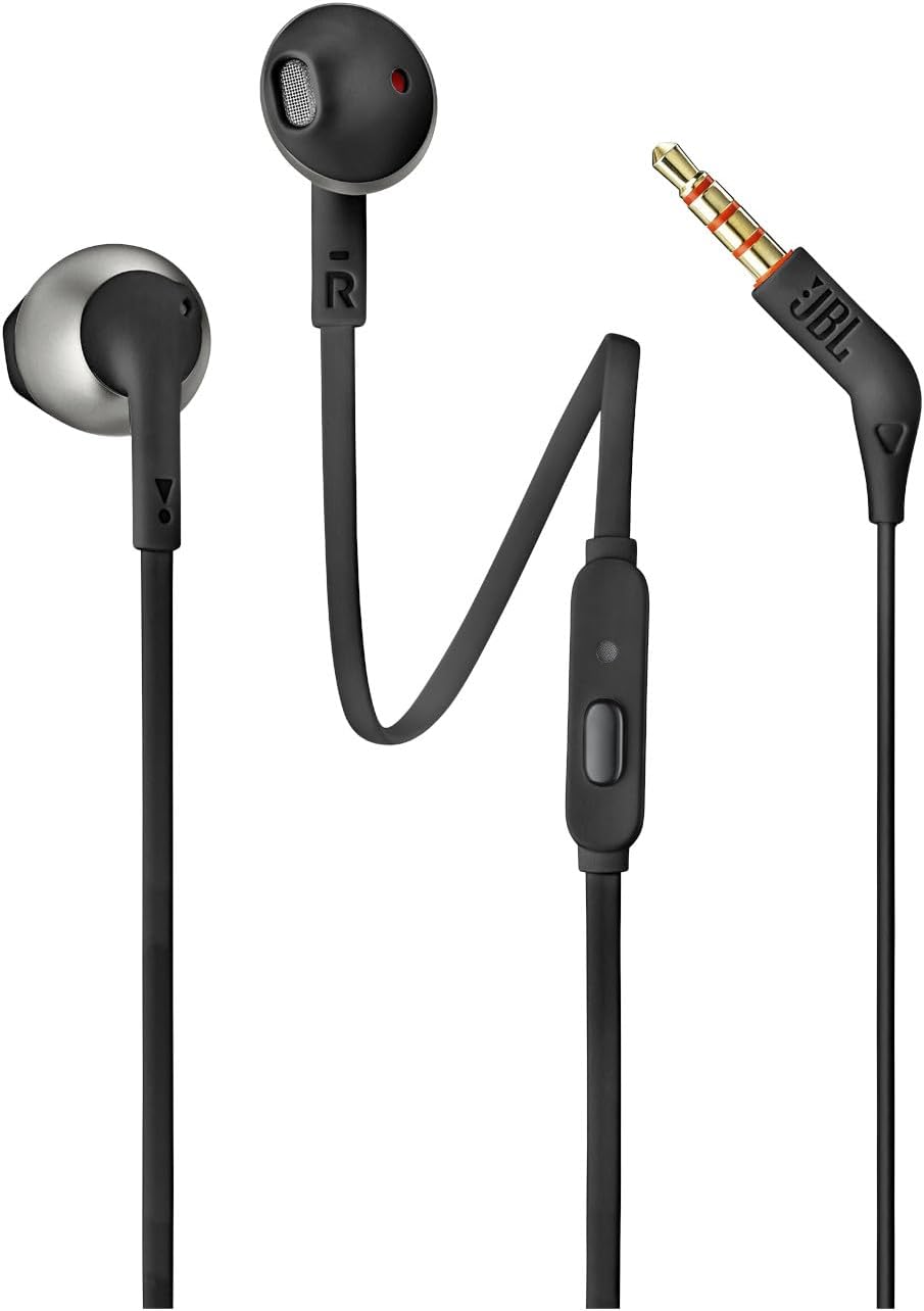 JBL Tune 205 In-Ear Wired Headphone with Soft Carrying Pouch, Pure Bass Sound, 1-Button Remote, Built-In Microphone, Tangle-Free Flat Cable, Comfortable Fit, Metalized Ear Housing