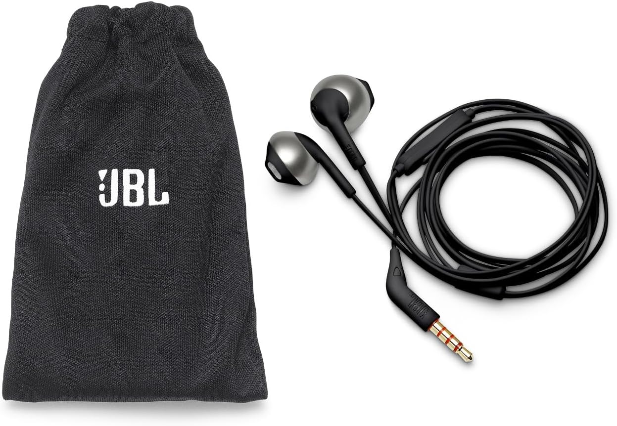 JBL Tune 205 In-Ear Wired Headphone with Soft Carrying Pouch, Pure Bass Sound, 1-Button Remote, Built-In Microphone, Tangle-Free Flat Cable, Comfortable Fit, Metalized Ear Housing