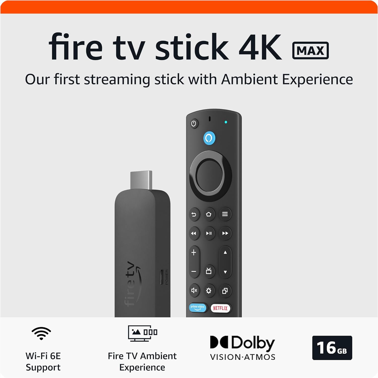Amazon Fire TV Stick 4K Max (2nd Generation) streaming device 16GB supports Wi-Fi 6E with Dolby Atmos and Dobly Vision
