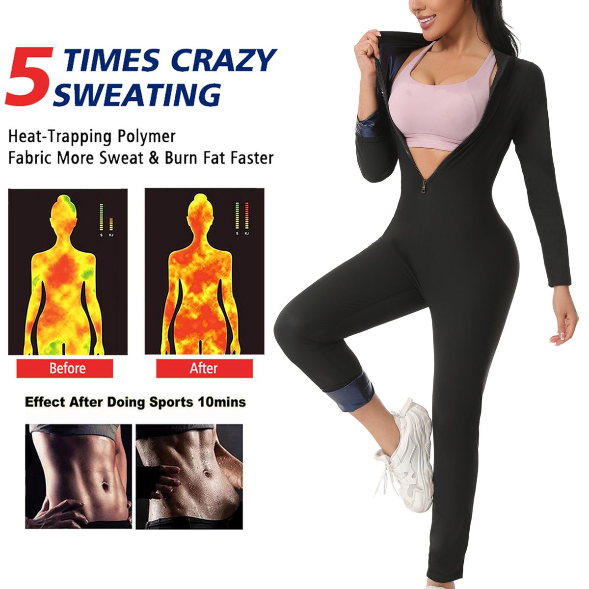 Ladies' Full Body Sweat Suit - Shapewear Sauna Jumpsuit for Fat Burning.Women's sportswear, sweat suits, running suits, body shaping suits, sauna suits, buttock-lifting yoga bodysuits