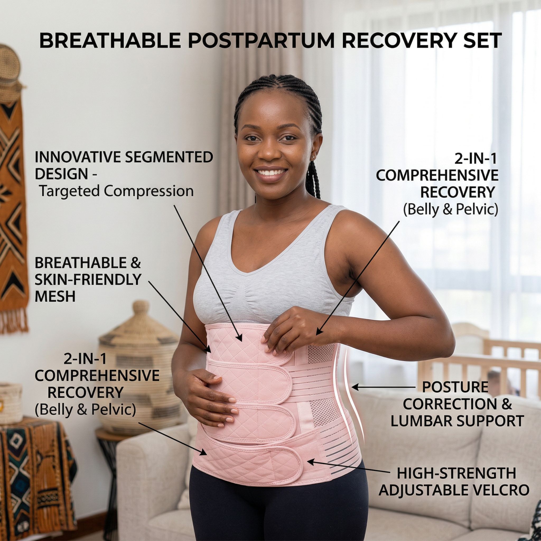 Breathable Postpartum Belly Band & Pelvic Support Set - Adjustable C-Section Recovery Girdle, Waist Trainer & Back Support Shapewear