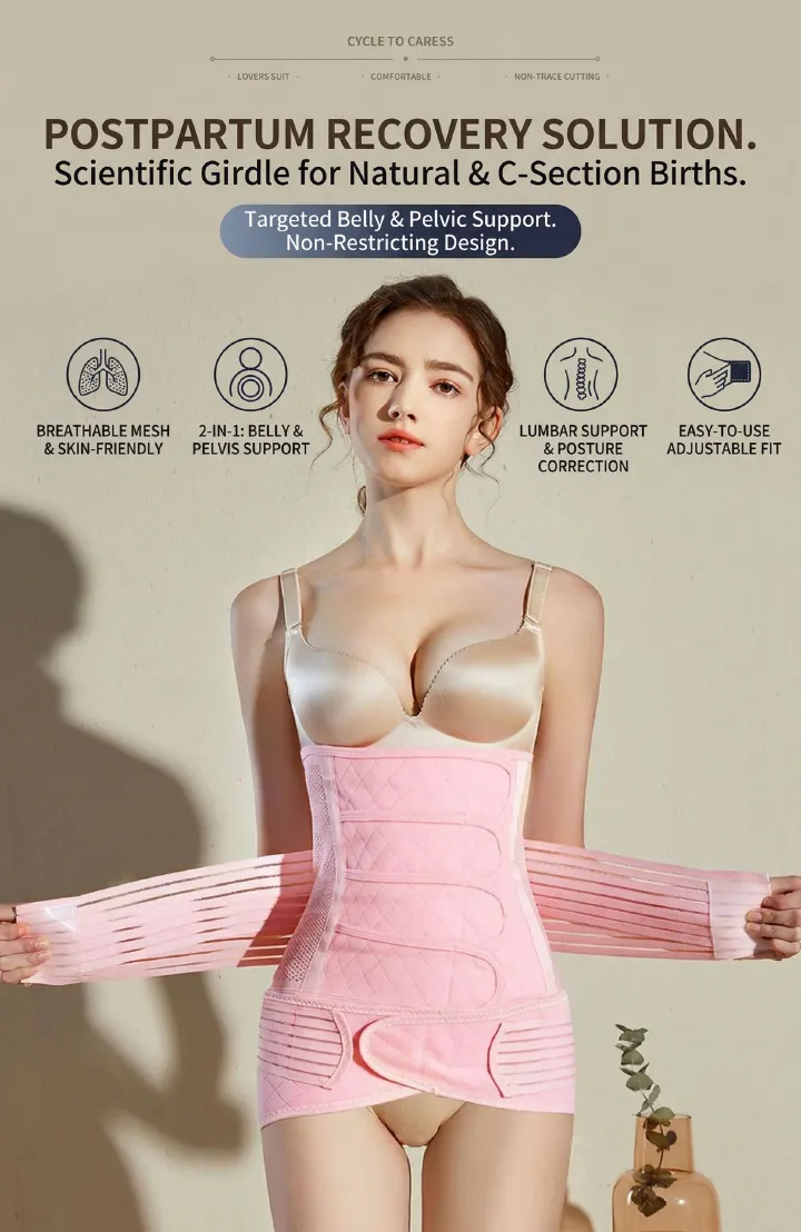 Breathable Postpartum Belly Band & Pelvic Support Set - Adjustable C-Section Recovery Girdle, Waist Trainer & Back Support Shapewear