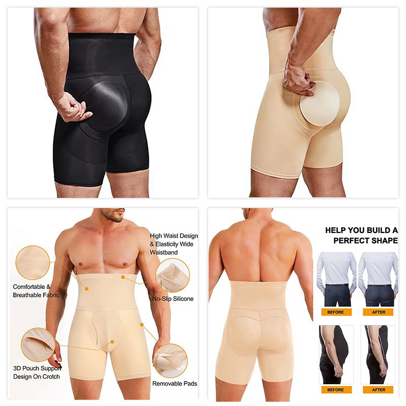 Men's High Waist Shapewear Boxers - Tummy Control Butt Lifting Compression Underwear Seamless Breathable Slimming Body Shaper - Black/Beige/White S-3XL