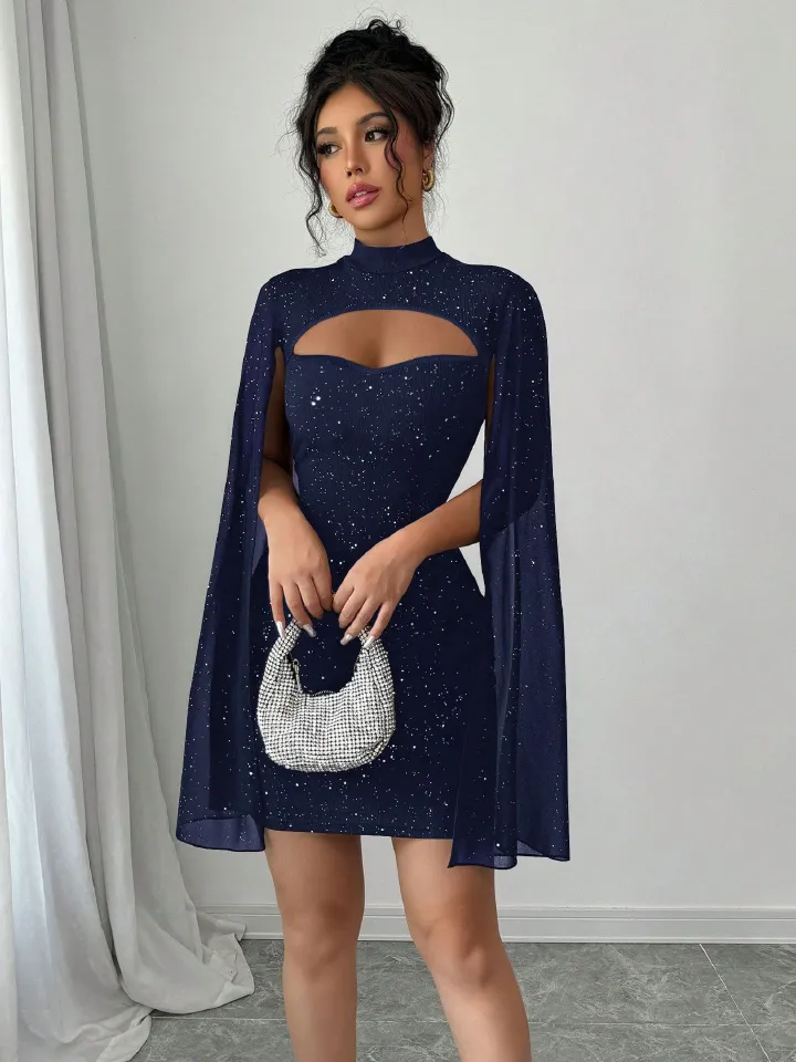 Sexy Women's Stand Collar Cape Mini Dress Sequins Sparkling Club Party Night Out Fitted Bodycon Elegant,Summer Elegant Package Hip Dress Women's New Fashion O Neck Holiday Pary Mini Dresses For Women